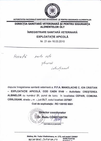 Inregistrare Sanitar Veterinara pentru vanzare prin P.N.A. - P.F.A.Manolache C. Ion Cristian sunt - FIRME